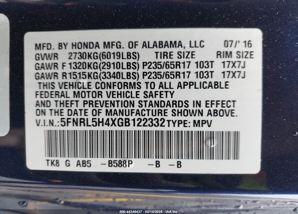 2016 HONDA ODYSSEY EX VIN: 5FNRL5H4XGB122332