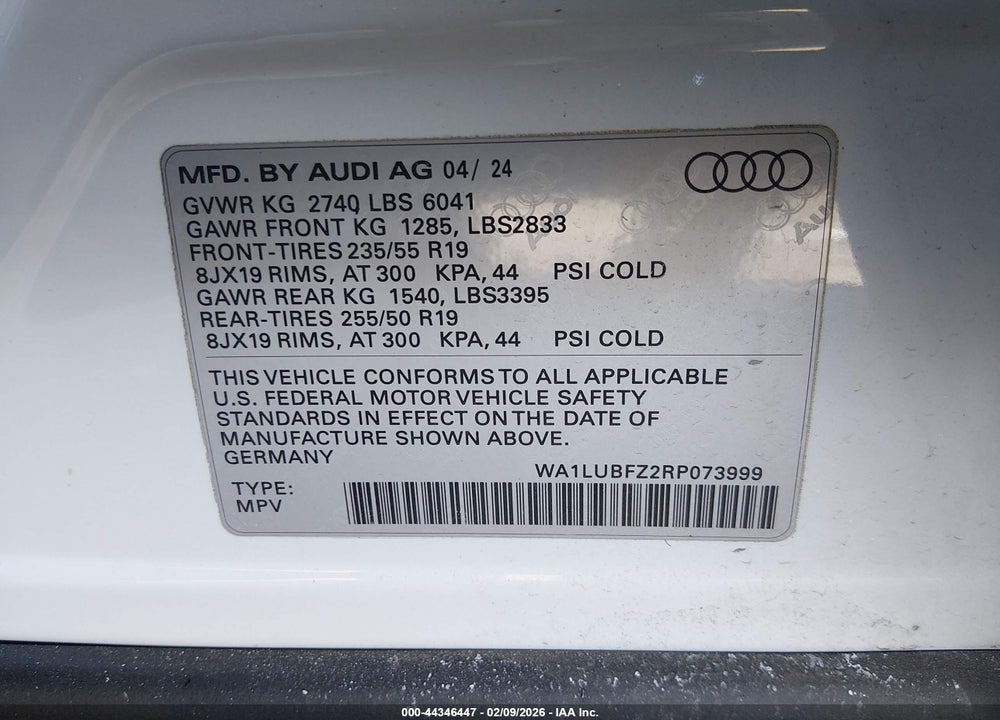 2024 AUDI Q4 E-TRON PREMIUM PLUS 55 QUATTRO VIN: WA1LUBFZ2RP073999