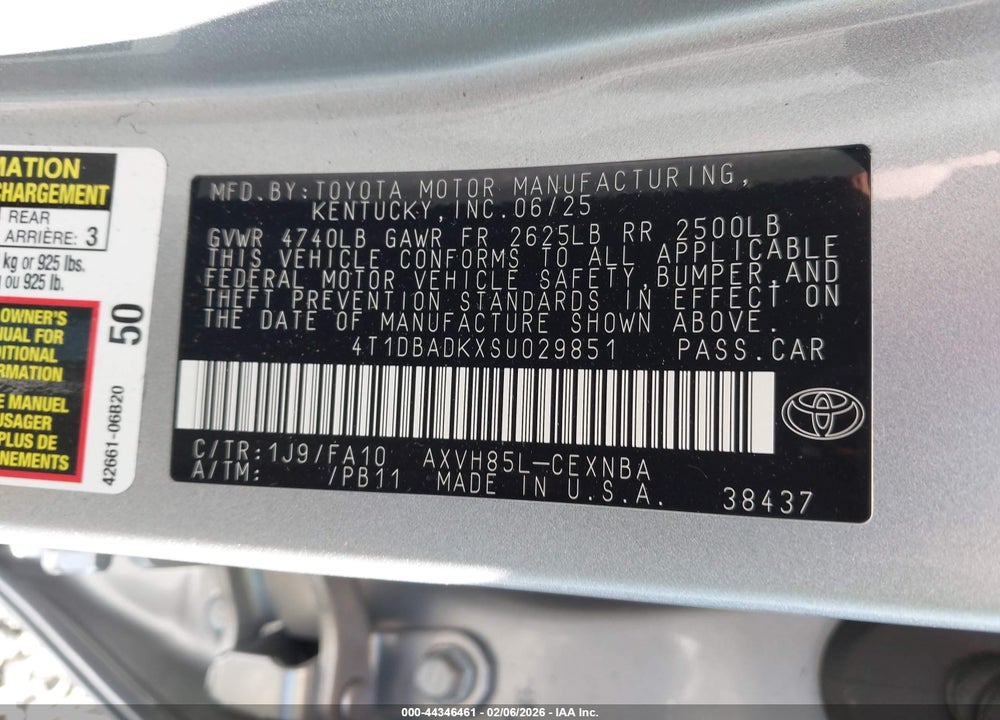 2025 TOYOTA CAMRY LE VIN: 4T1DBADKXSU029851