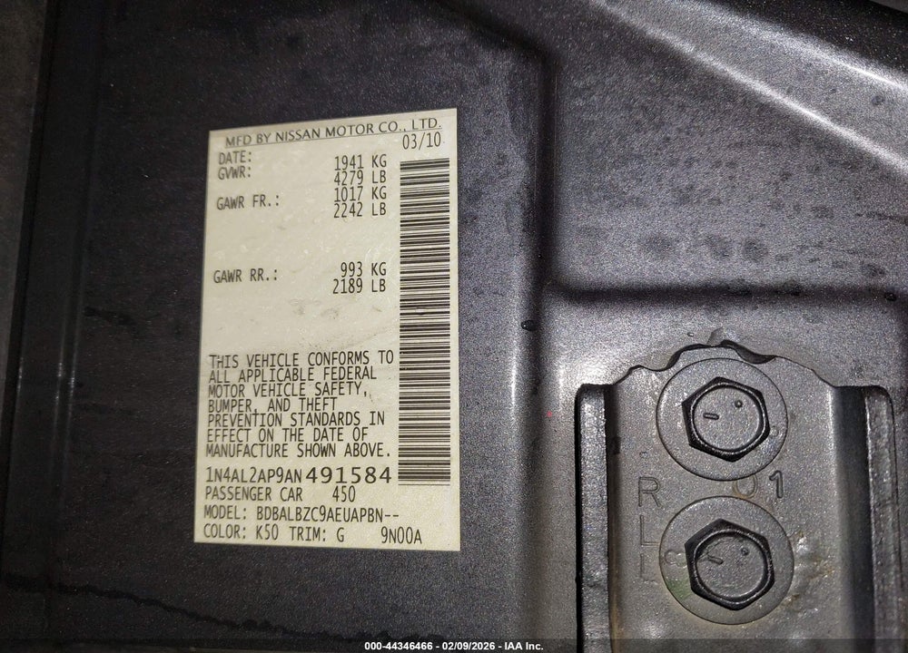 2010 NISSAN ALTIMA 2.5 S VIN: 1N4AL2AP9AN491584