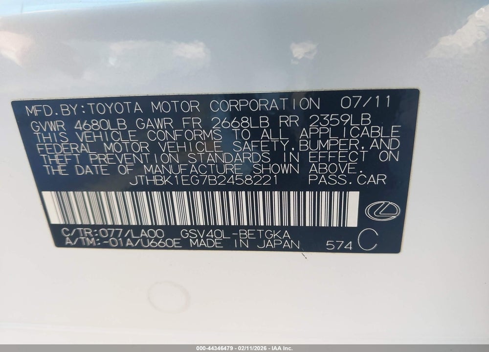 2011 LEXUS ES 350 VIN: JTHBK1EG7B2458221