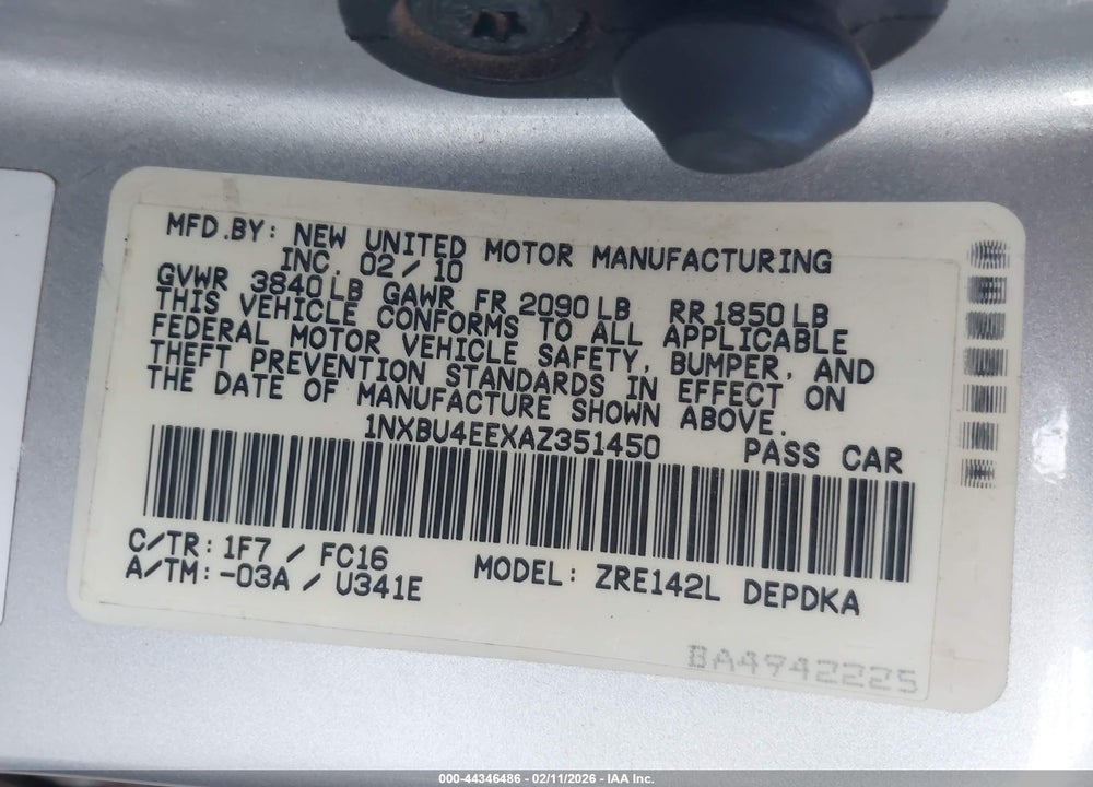 2010 TOYOTA COROLLA LE VIN: 1NXBU4EEXAZ351450
