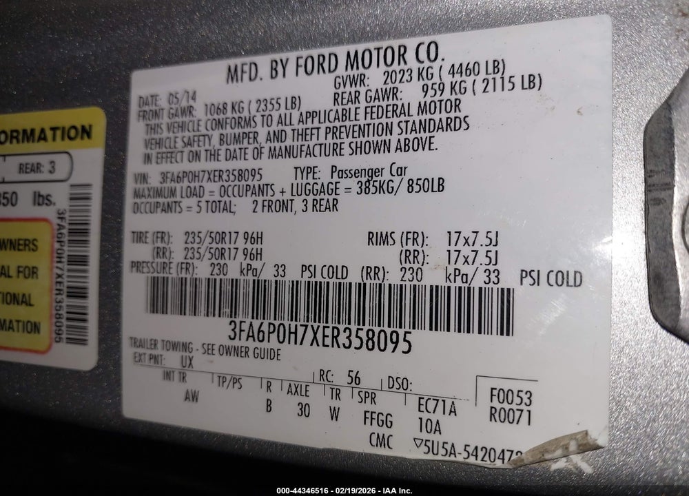 2014 FORD FUSION SE VIN: 3FA6P0H7XER358095