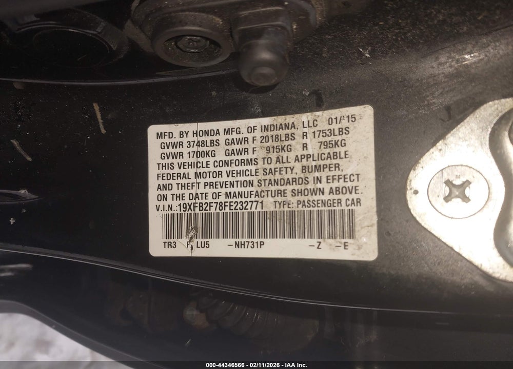 2015 HONDA CIVIC SE VIN: 19XFB2F78FE232771