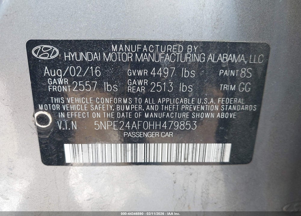 2017 HYUNDAI SONATA SE VIN: 5NPE24AF0HH479853
