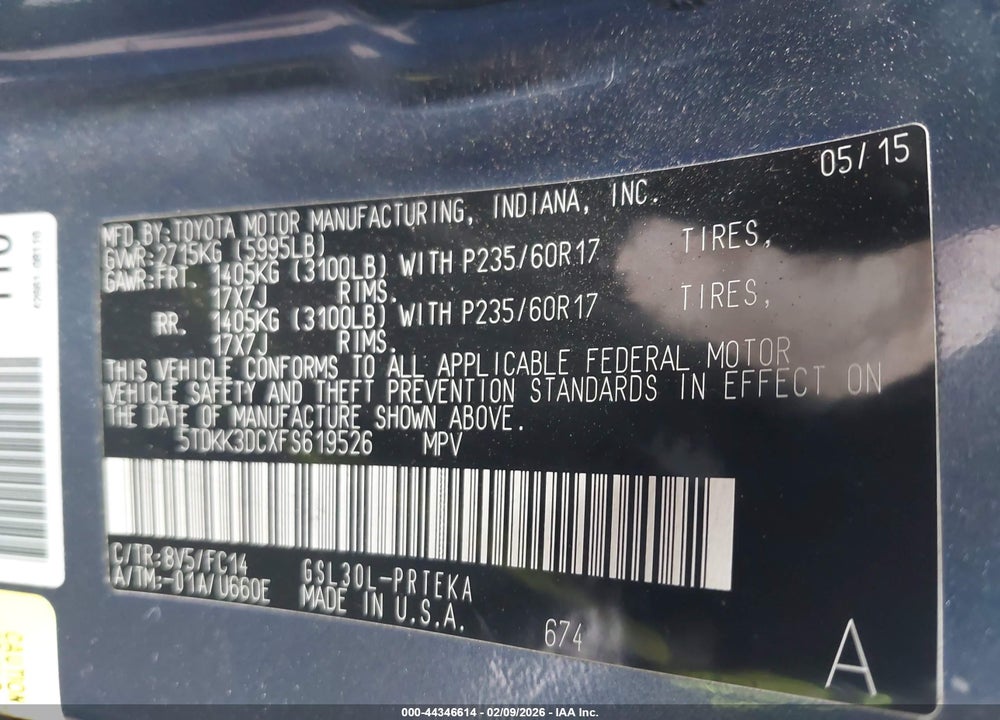 2015 TOYOTA SIENNA LE 8 PASSENGER VIN: 5TDKK3DCXFS619526