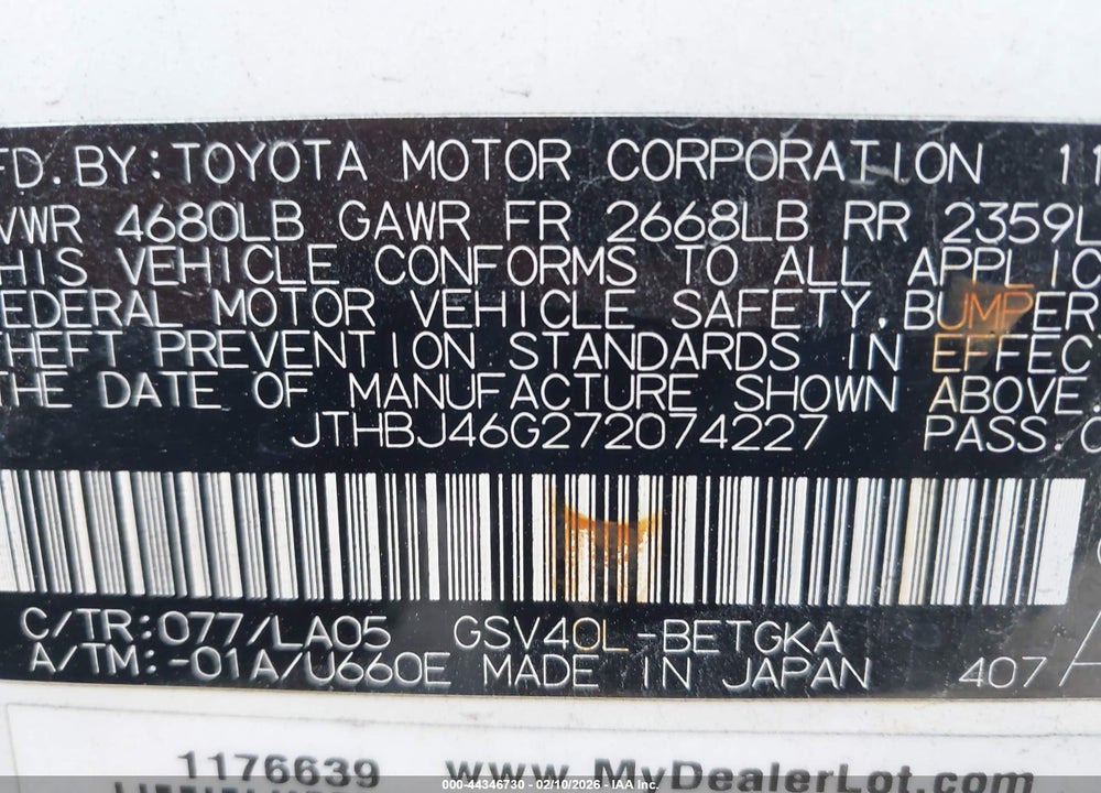 2007 LEXUS ES 350 VIN: JTHBJ46G272074227