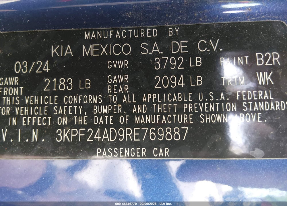 2024 KIA FORTE LXS VIN: 3KPF24AD9RE769887
