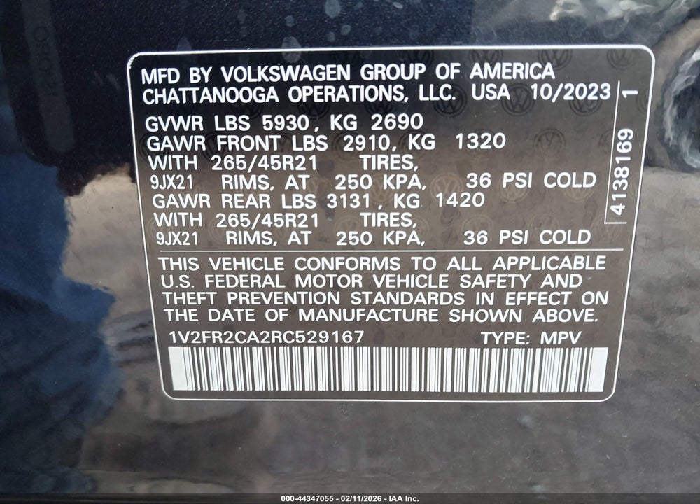 2024 VOLKSWAGEN ATLAS VIN: 1V2FR2CA2RC529167