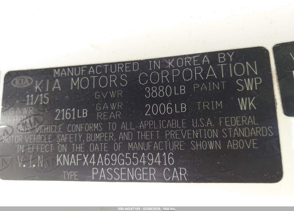 2016 KIA FORTE LX VIN: KNAFX4A69G5549416