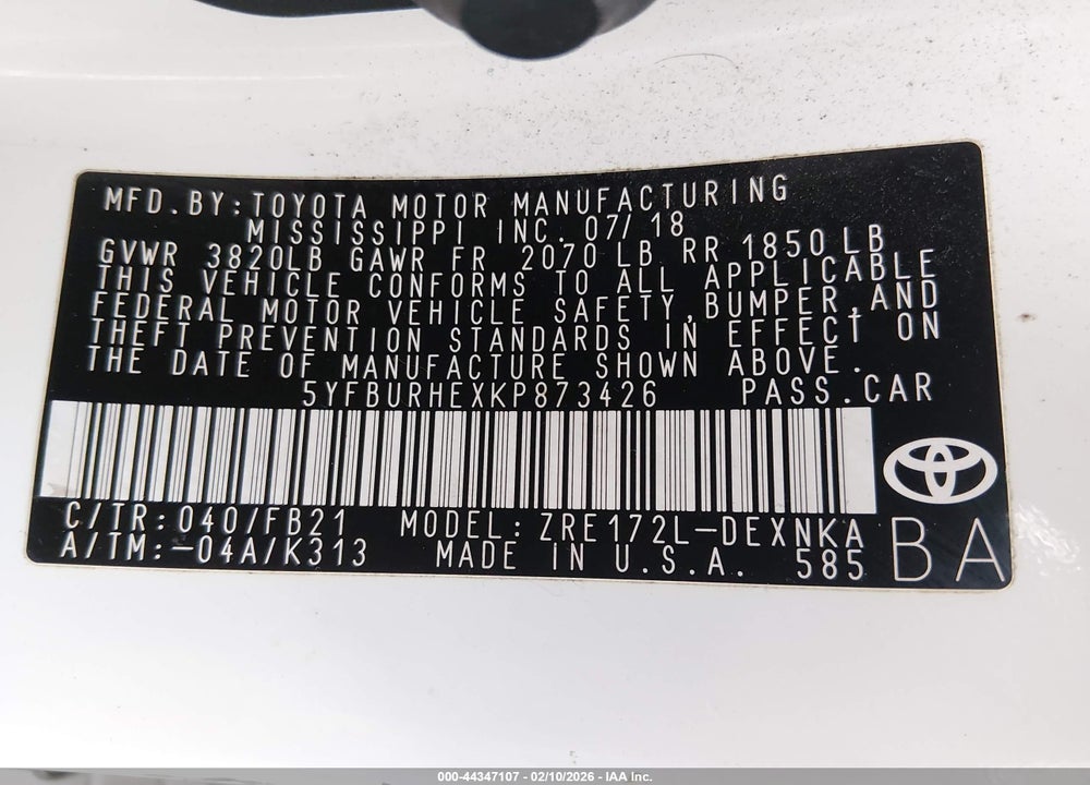 2019 TOYOTA COROLLA LE VIN: 5YFBURHEXKP873426