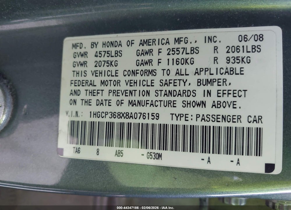 2008 HONDA ACCORD 3.5 EX-L VIN: 1HGCP368X8A076159