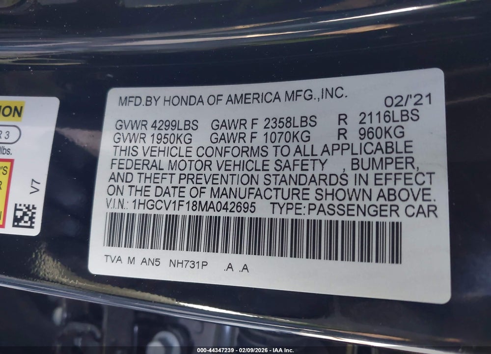 2021 HONDA ACCORD LX VIN: 1HGCV1F18MA042695