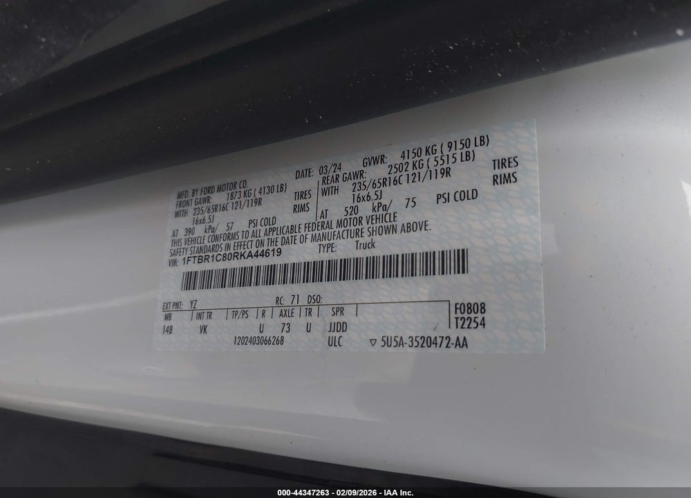 2024 FORD TRANSIT-250 VIN: 1FTBR1C80RKA44619