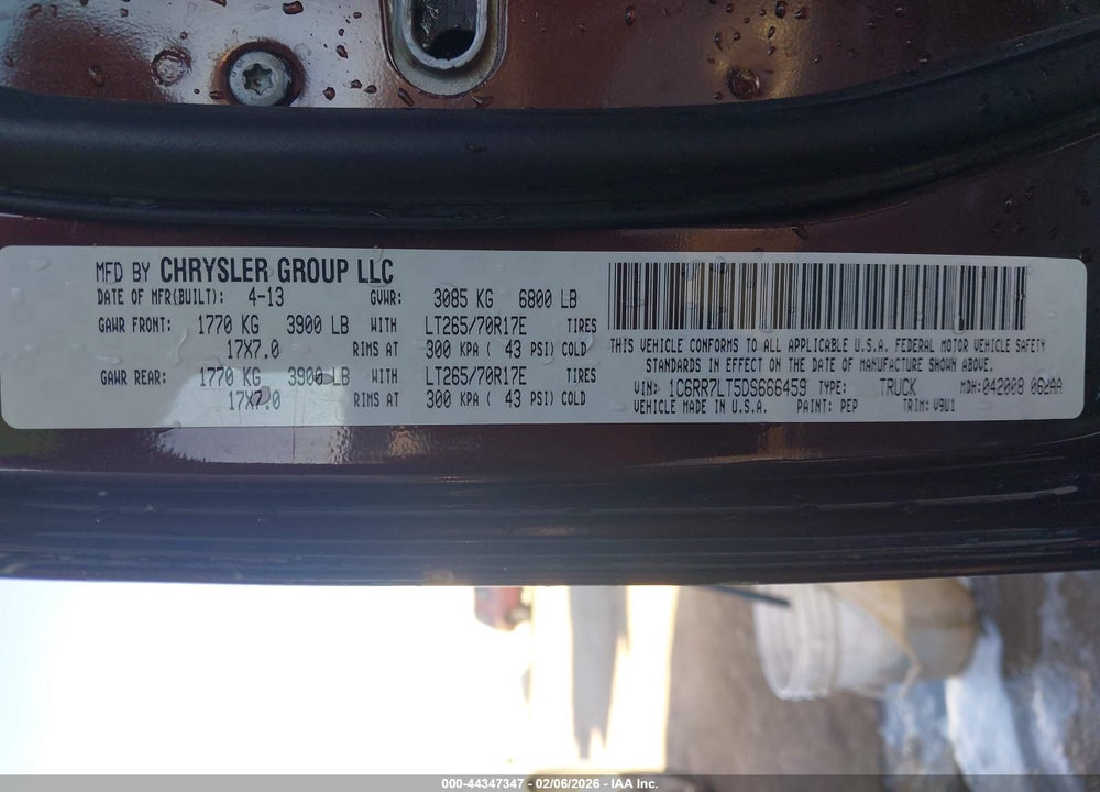 2013 RAM 1500 SLT VIN: 1C6RR7LT5DS666459