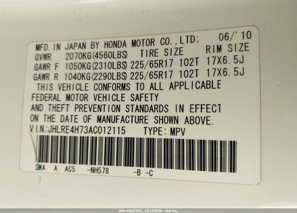 2010 HONDA CR-V EX-L VIN: JHLRE4H73AC012115