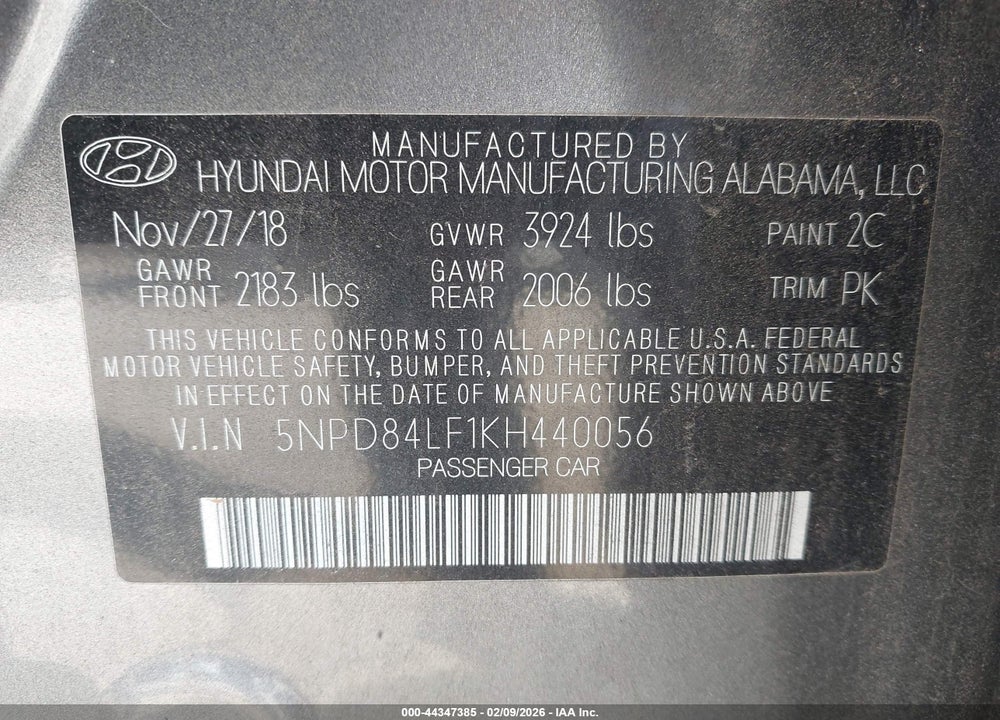 2019 HYUNDAI ELANTRA SEL VIN: 5NPD84LF1KH440056