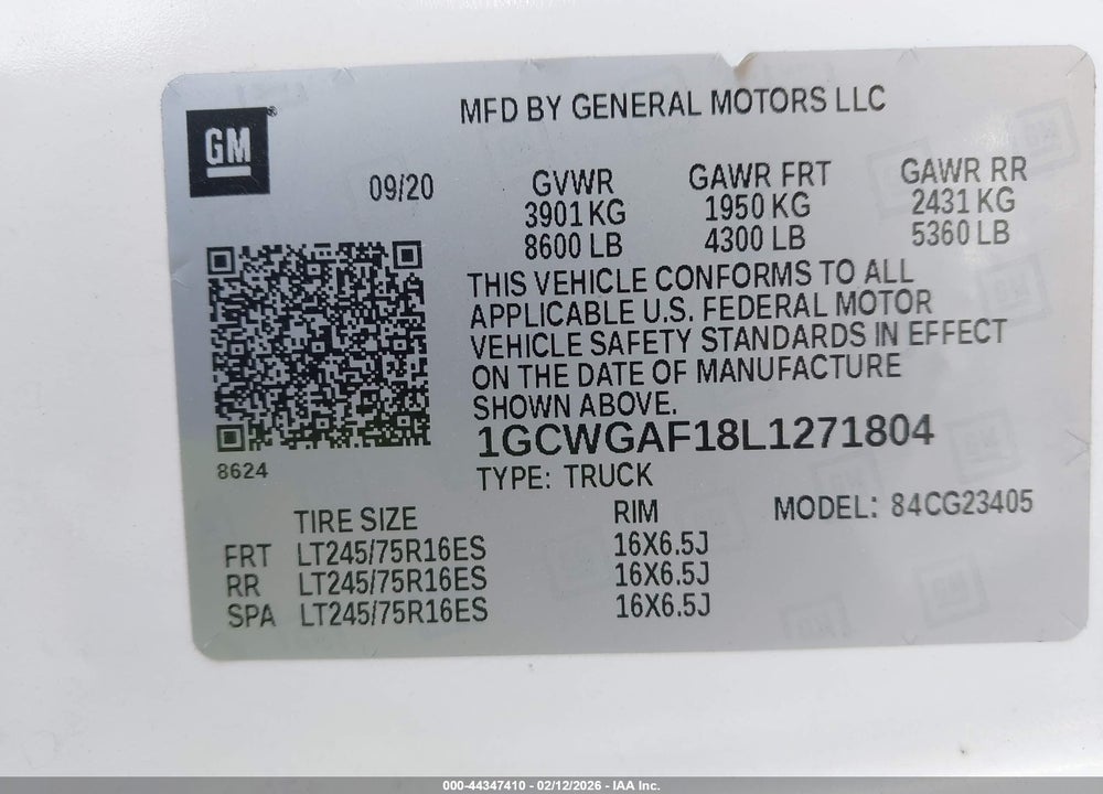2020 CHEVROLET EXPRESS CARGO RWD 2500 REGULAR WHEELBASE WT VIN: 1GCWGAF18L1271804
