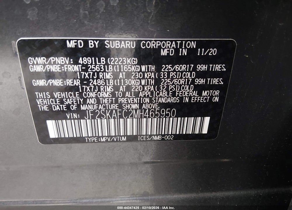 2021 SUBARU FORESTER PREMIUM VIN: JF2SKAFC2MH465950
