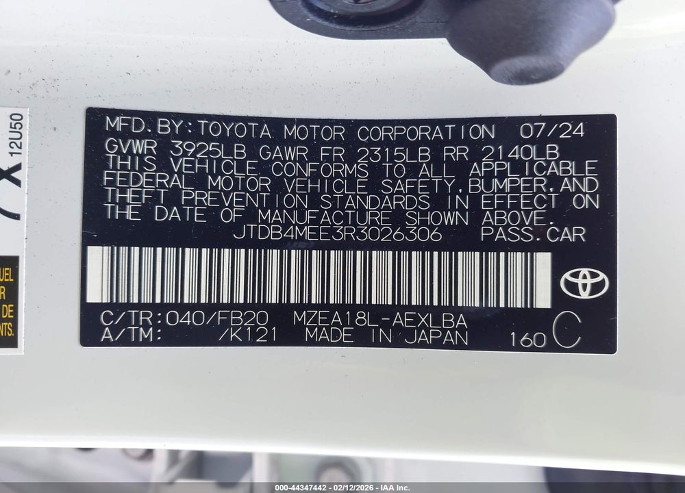 2024 TOYOTA COROLLA LE VIN: JTDB4MEE3R3026306