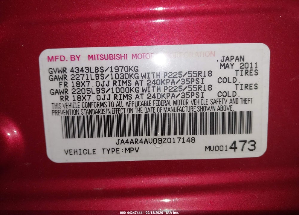 2011 MITSUBISHI OUTLANDER SPORT SE VIN: JA4AR4AU0BZ017148