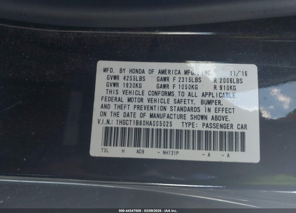 2017 HONDA ACCORD EX-L VIN: 1HGCT1B80HA005025