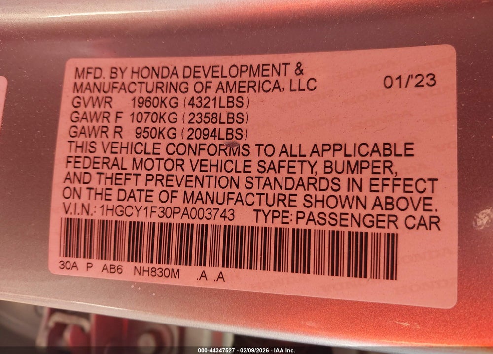 2023 HONDA ACCORD EX VIN: 1HGCY1F30PA003743
