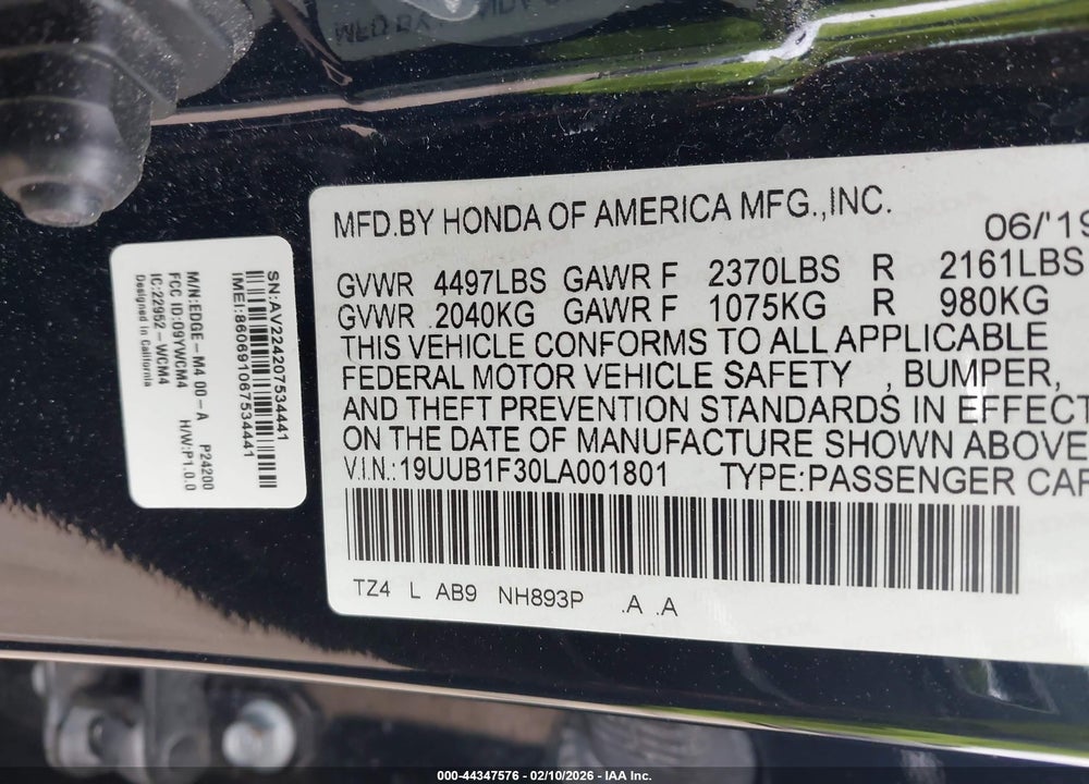 2020 ACURA TLX STANDARD VIN: 19UUB1F30LA001801