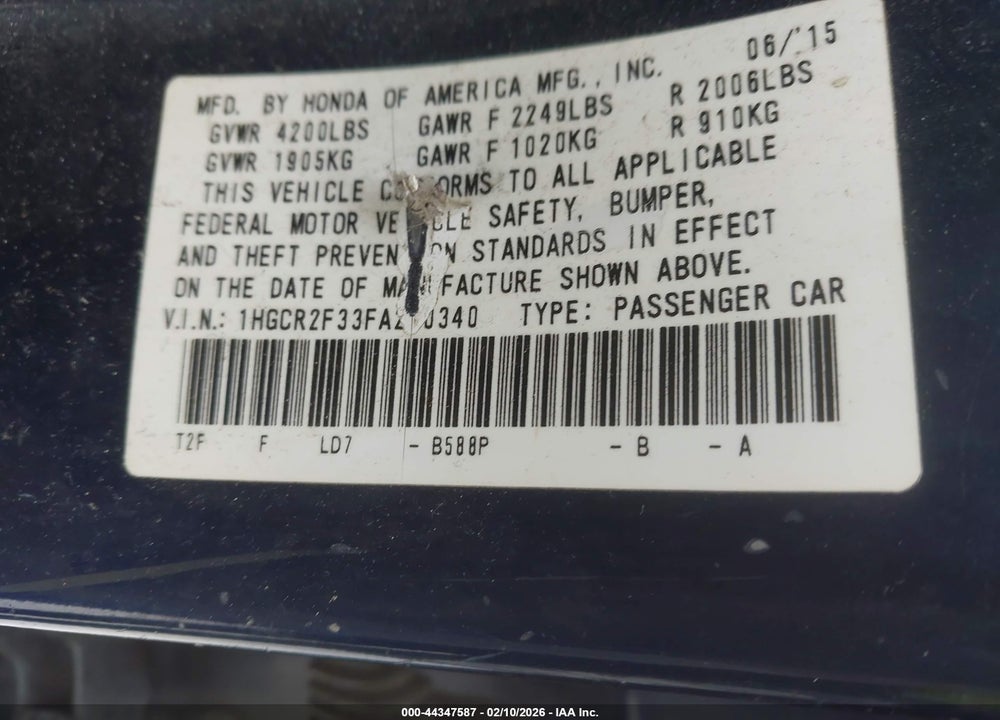 2015 HONDA ACCORD LX VIN: 1HGCR2F33FA210340