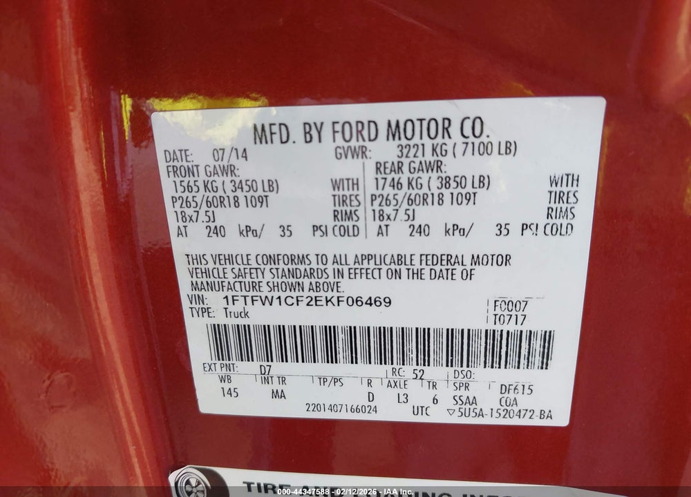 2014 FORD F-150 XLT VIN: 1FTFW1CF2EKF06469