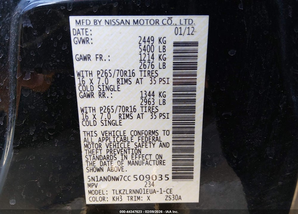 2012 NISSAN XTERRA S VIN: 5N1AN0NW7CC509035