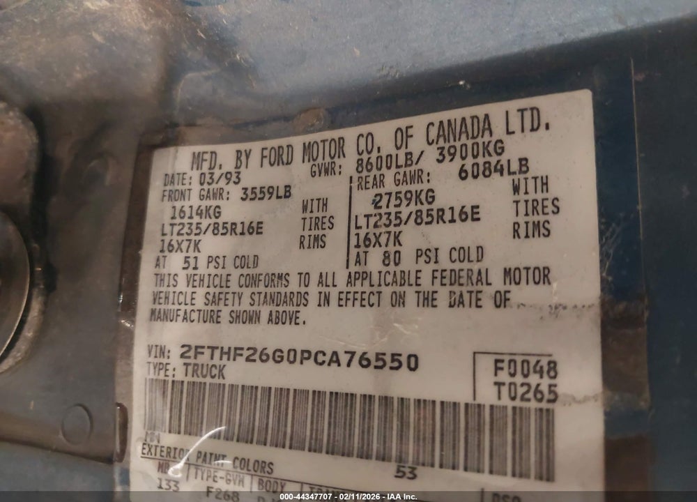 1993 FORD F250 VIN: 2FTHF26G0PCA76550