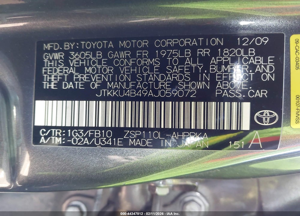 2010 SCION XD VIN: JTKKU4B49AJ059072
