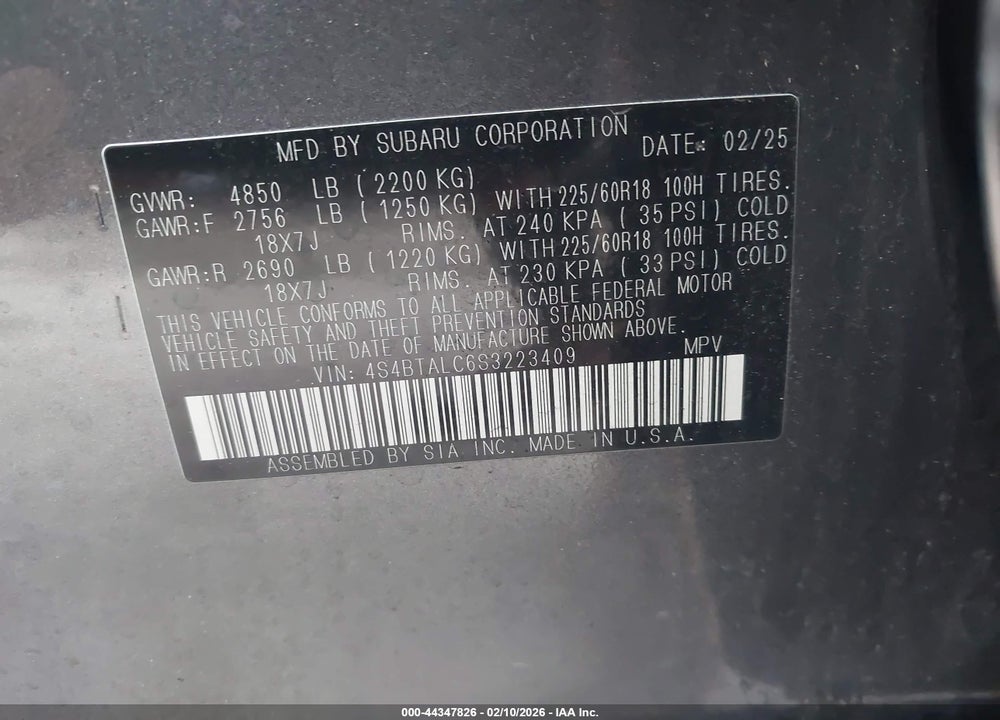 2025 SUBARU OUTBACK ONYX EDITION VIN: 4S4BTALC6S3223409