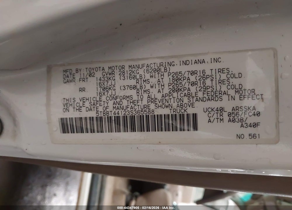 2003 TOYOTA TUNDRA SR5 V8 VIN: 5TBBT44123S365588