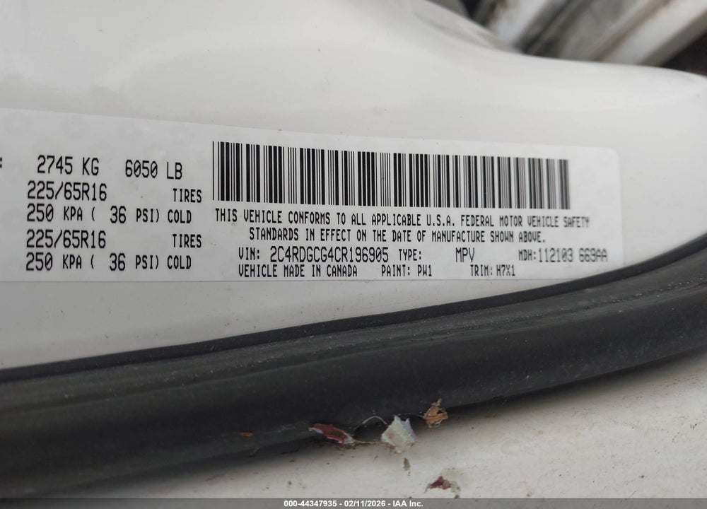 2012 DODGE GRAND CARAVAN SXT VIN: 2C4RDGCG4CR196905
