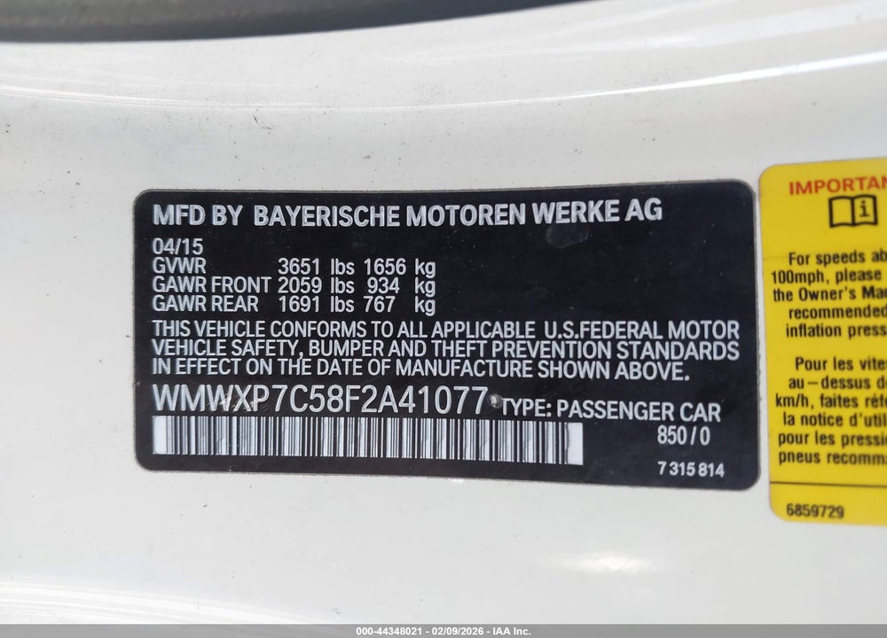 2015 MINI HARDTOP COOPER S VIN: WMWXP7C58F2A41077