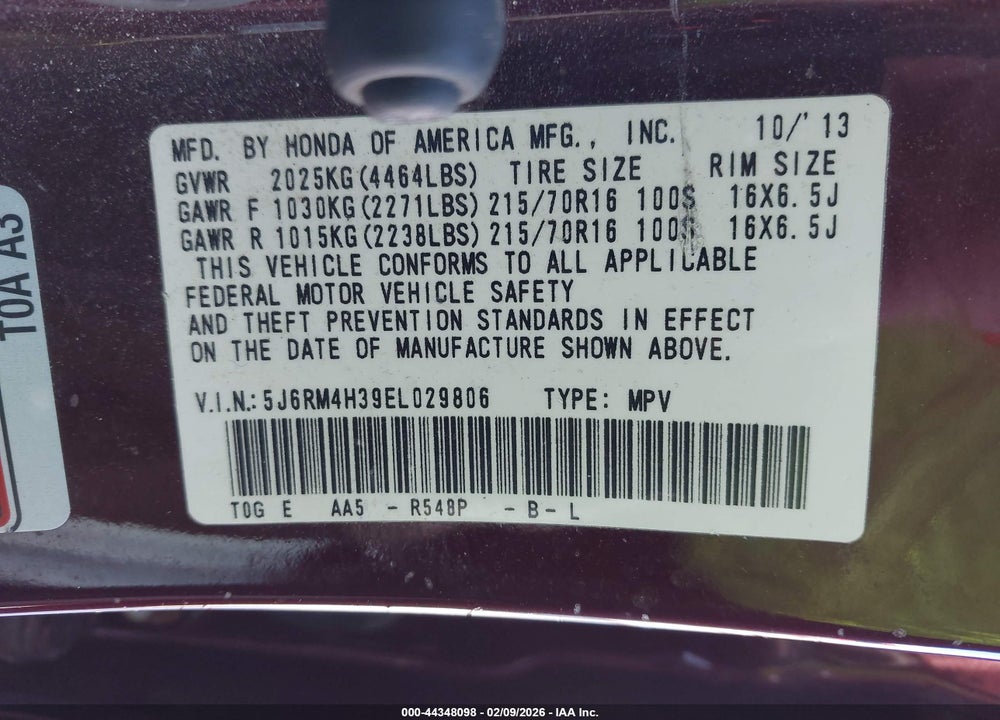 2014 HONDA CR-V LX VIN: 5J6RM4H39EL029806