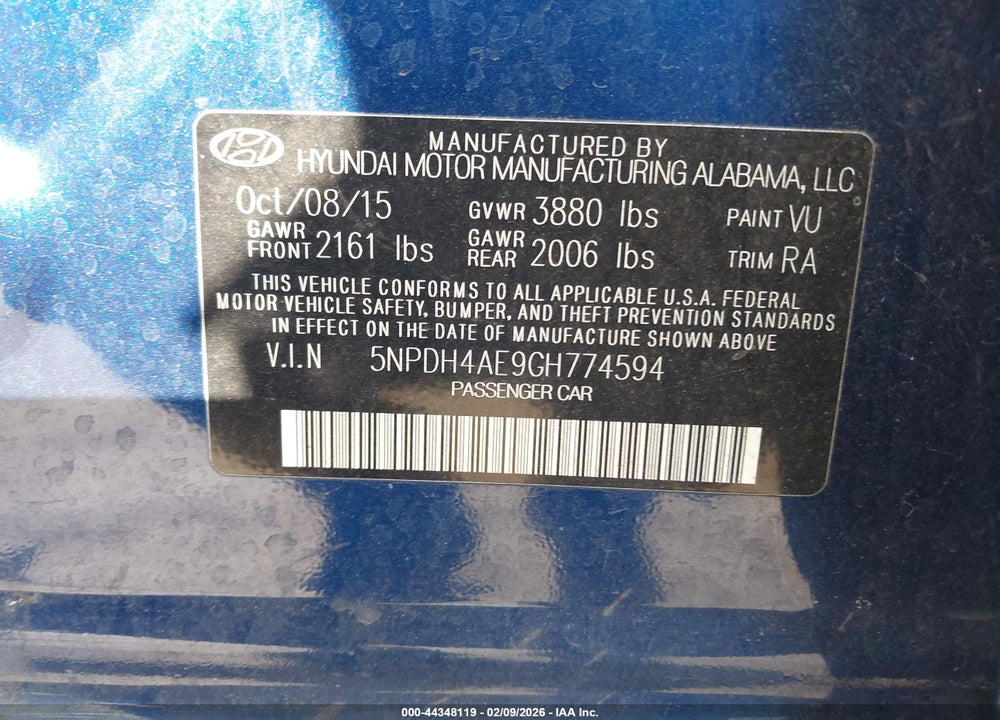 2016 HYUNDAI ELANTRA SE VIN: 5NPDH4AE9GH774594