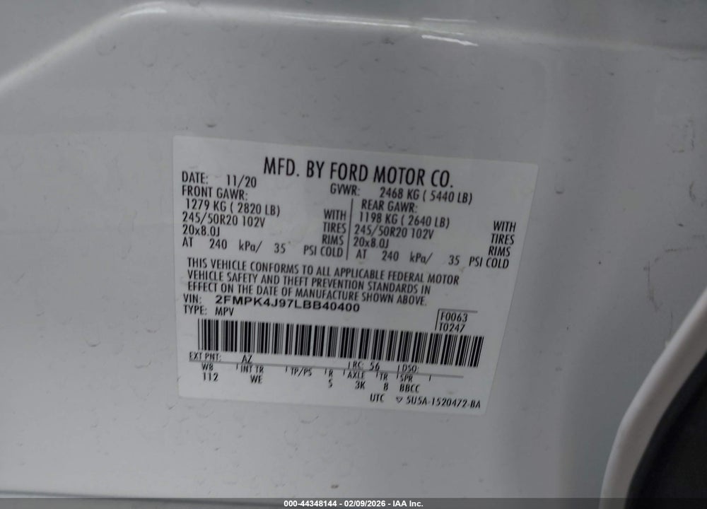 2020 FORD EDGE ST LINE VIN: 2FMPK4J97LBB40400