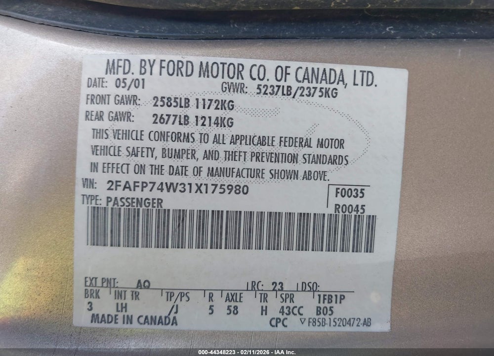 2001 FORD CROWN VICTORIA LX VIN: 2FAFP74W31X175980