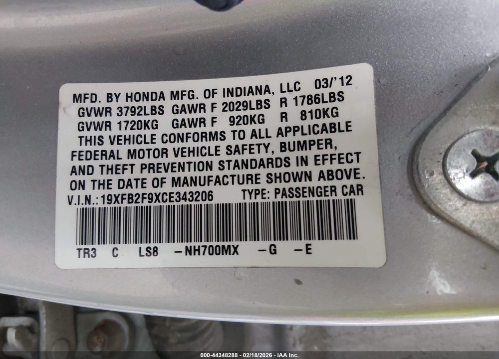 2012 HONDA CIVIC EX-L VIN: 19XFB2F9XCE343206