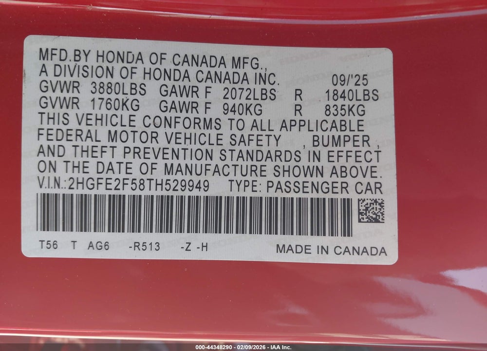 2026 HONDA CIVIC SPORT VIN: 2HGFE2F58TH529949