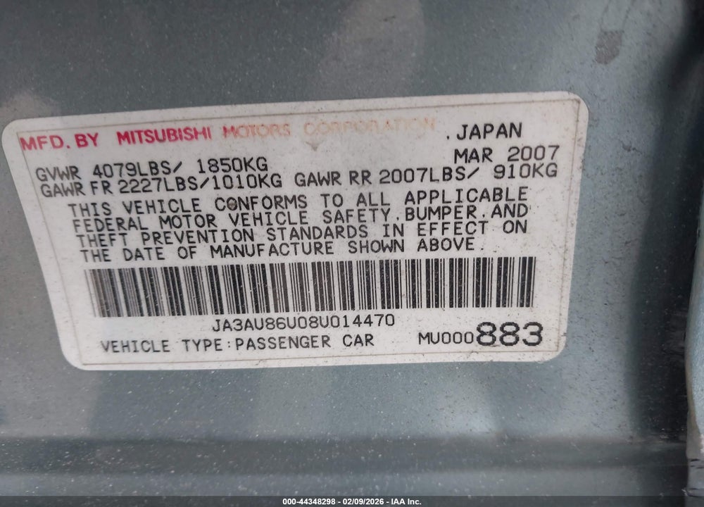 2008 MITSUBISHI LANCER GTS VIN: JA3AU86U08U014470