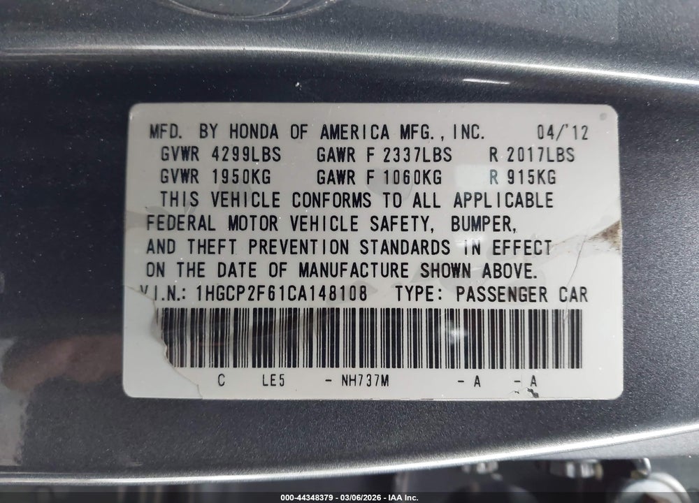 2012 HONDA ACCORD 2.4 SE VIN: 1HGCP2F61CA148108