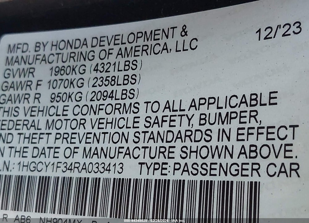 2024 HONDA ACCORD EX VIN: 1HGCY1F34RA033413