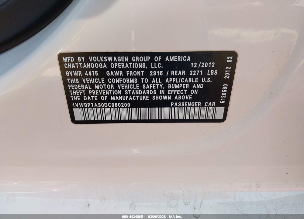 2013 VOLKSWAGEN PASSAT 2.5L SE VIN: 1VWBP7A30DC080200