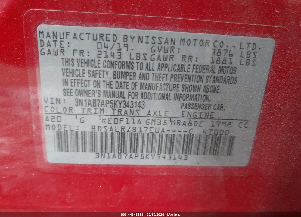 2019 NISSAN SENTRA SR VIN: 3N1AB7AP5KY343143