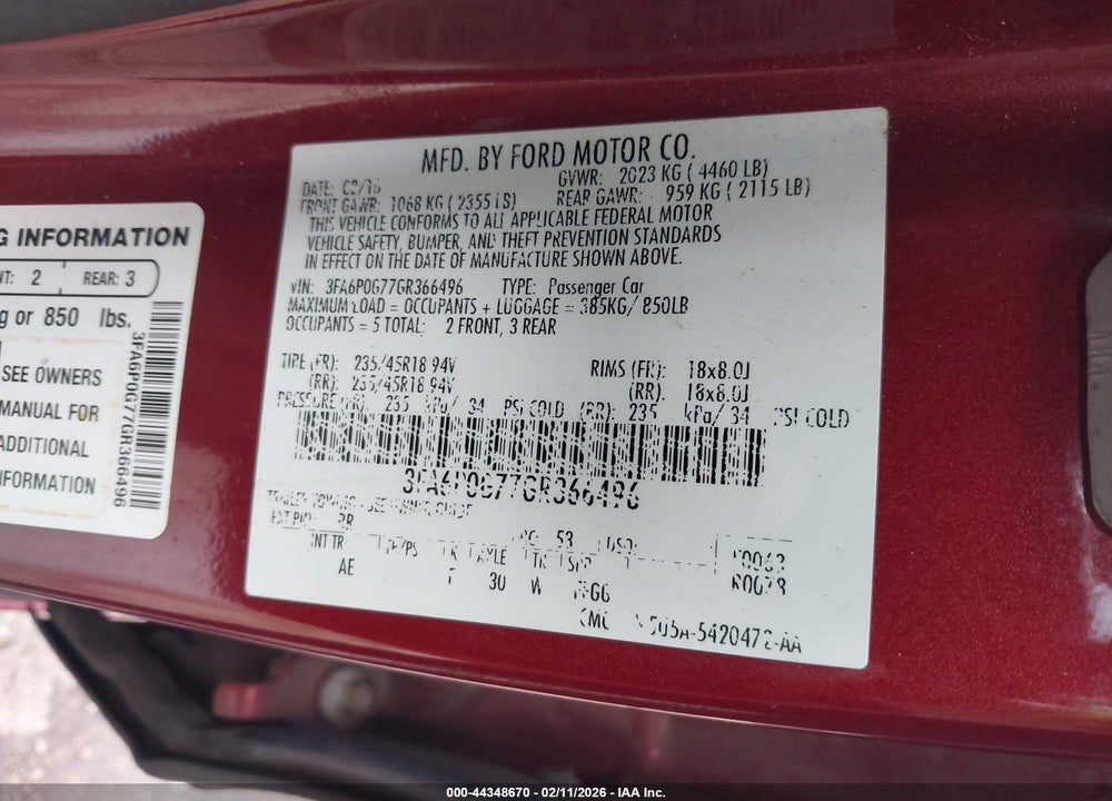 2016 FORD FUSION S VIN: 3FA6P0G77GR366496