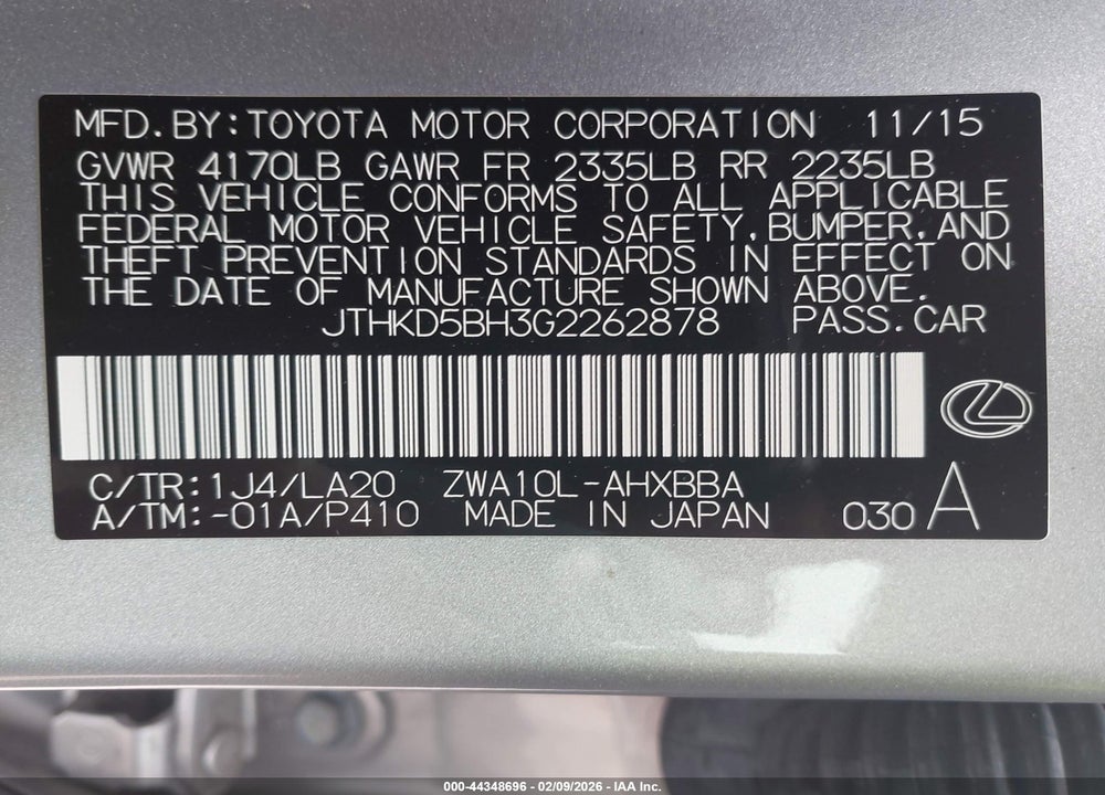 2016 LEXUS CT 200H VIN: JTHKD5BH3G2262878
